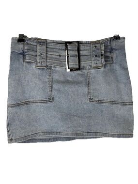 Edikted Denim Mini Skirt XS Low Rise Belted Y2K Grommet Buckle Light Wash